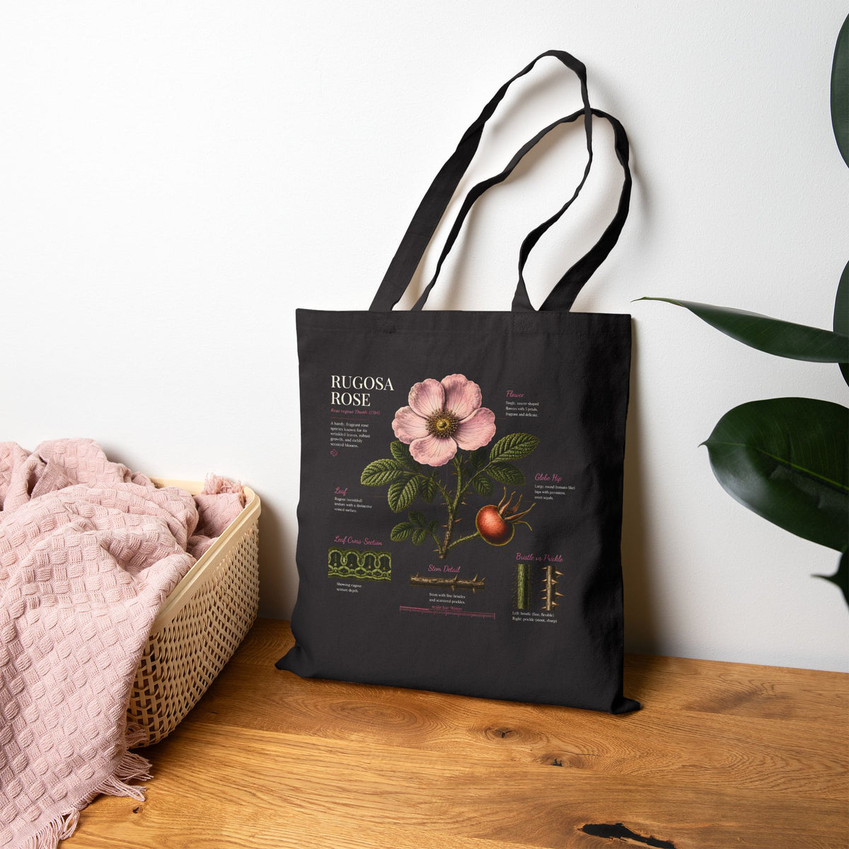 Botanical Rosehip Tote Bag — Vintage Floral Cotton Canvas Grocery Tote