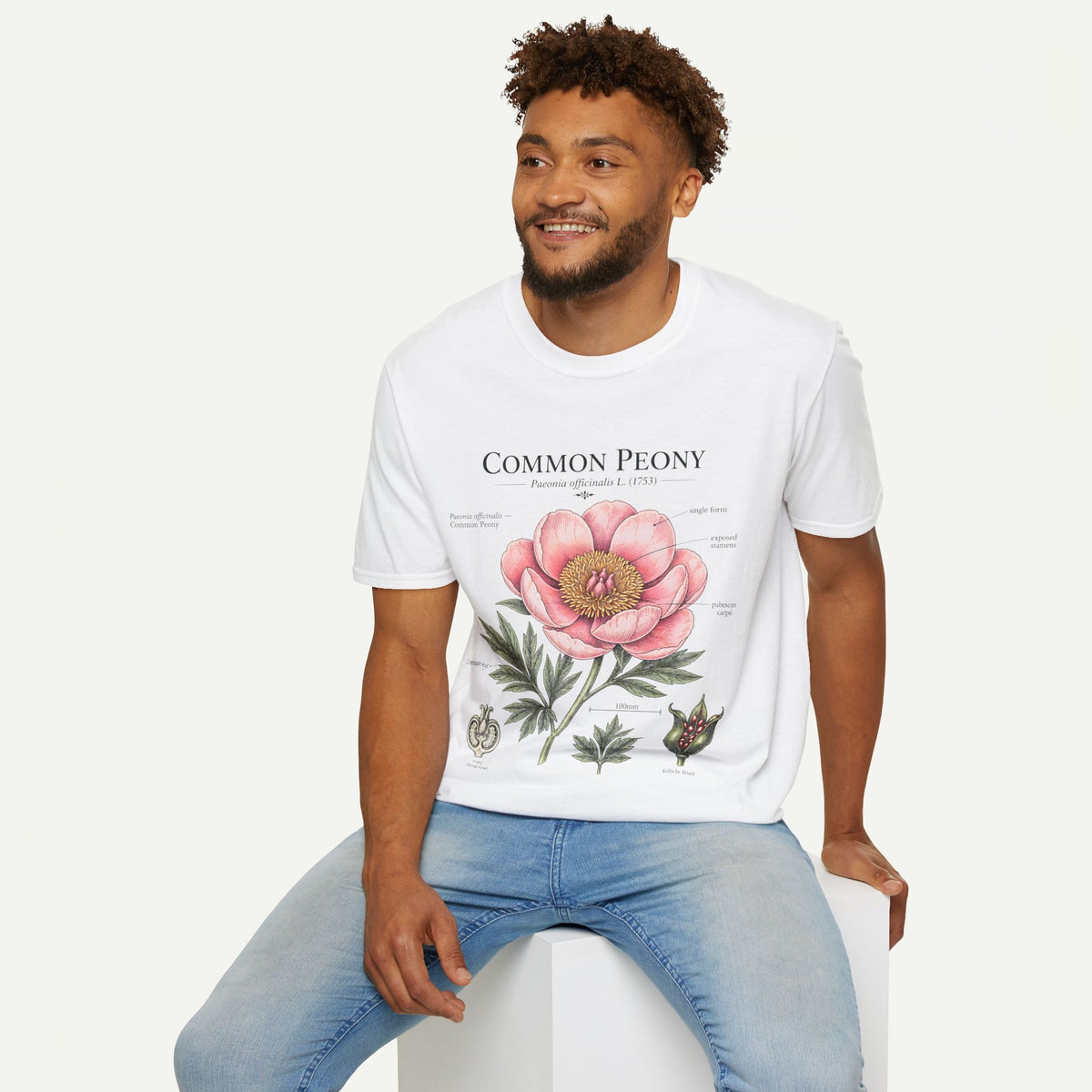 Peony Botanical T-Shirt — "Common Peony" Anatomy Floral Illustration