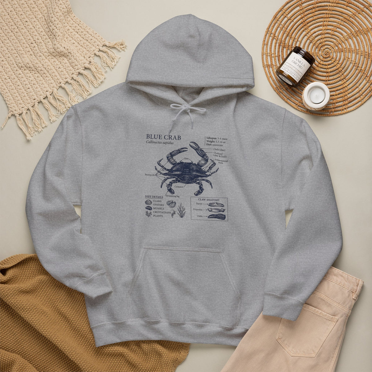 Blue Crab Anatomy Hoodie – Nautical Marine Biology Graphic Sweatshirt