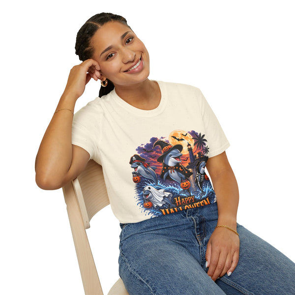 Halloween Dolphin T-Shirt — Cute Spooky Beach Scene with 'Happy Halloween'