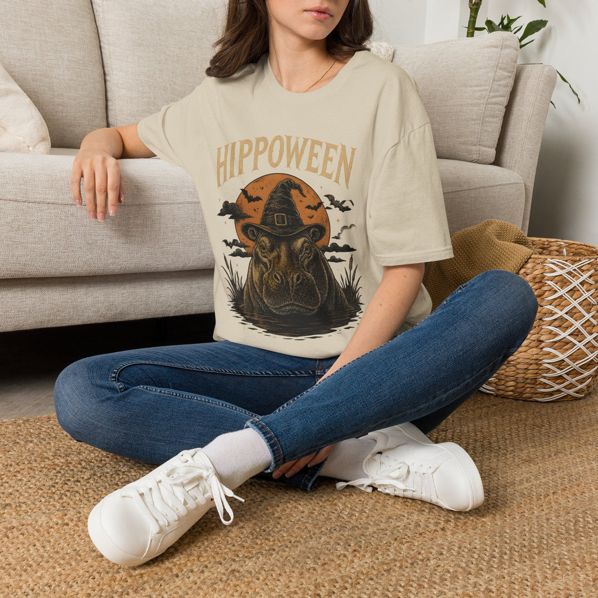 Hippoween Halloween T-Shirt — Hippo in Witch Hat Pumpkin Design