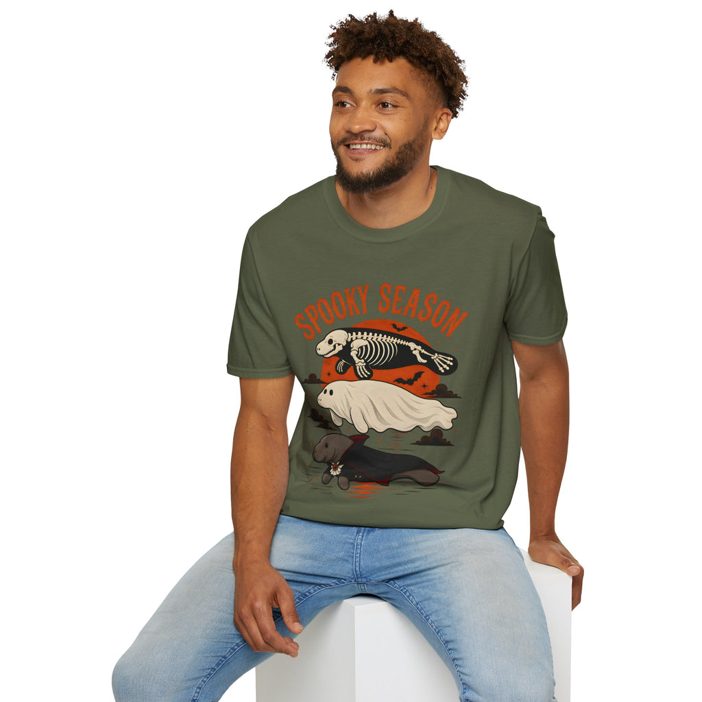 Spooky Season T-Shirt – Retro Skeleton Manatee Halloween Tee