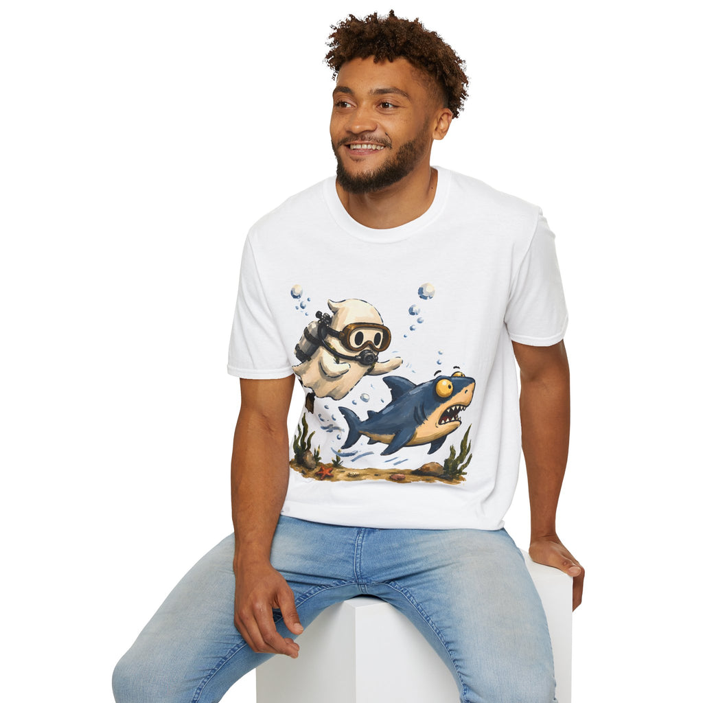 Dive Buddy T‑Shirt — Cute Scuba Pug Chasing Shark Illustration
