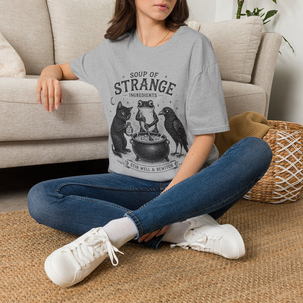 T-Shirt — "Soup of Strange Ingredients" Witchy Frog, Cat & Crow Illustration