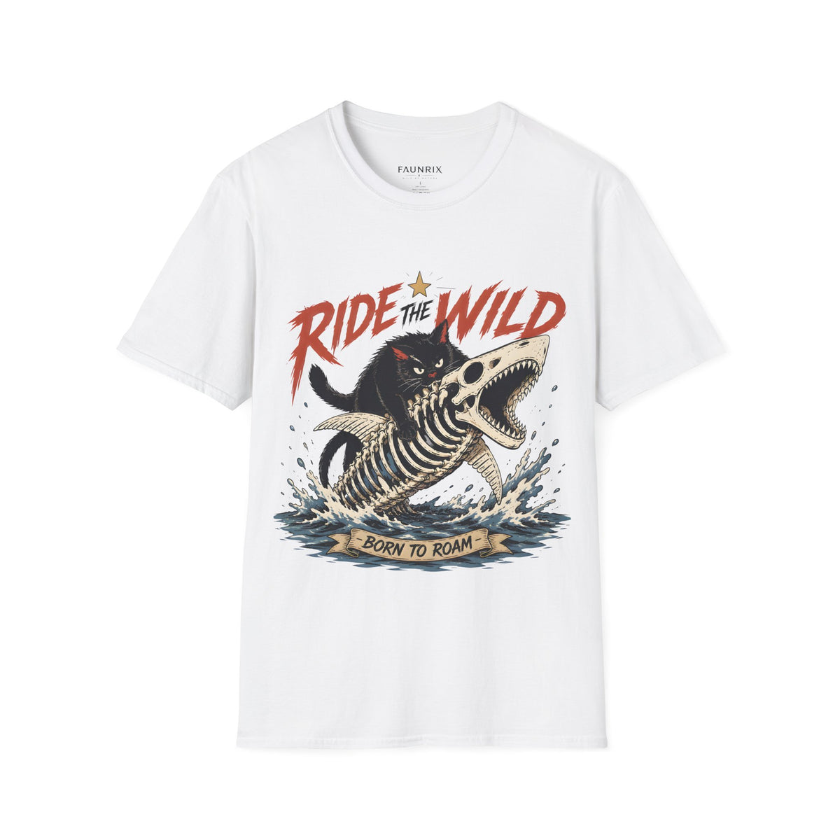Ride the Wild T-Shirt — Cat Riding Dinosaur Skull Graphic Tee Main image