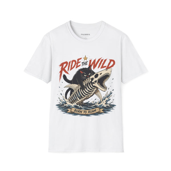 Ride the Wild T-Shirt — Cat Riding Dinosaur Skull Graphic Tee