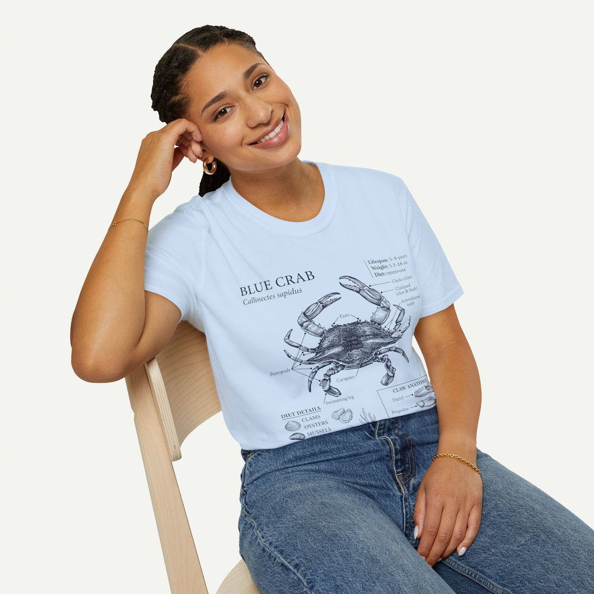 Crab Anatomy T-Shirt — Vintage Blue Crab Illustration Tee