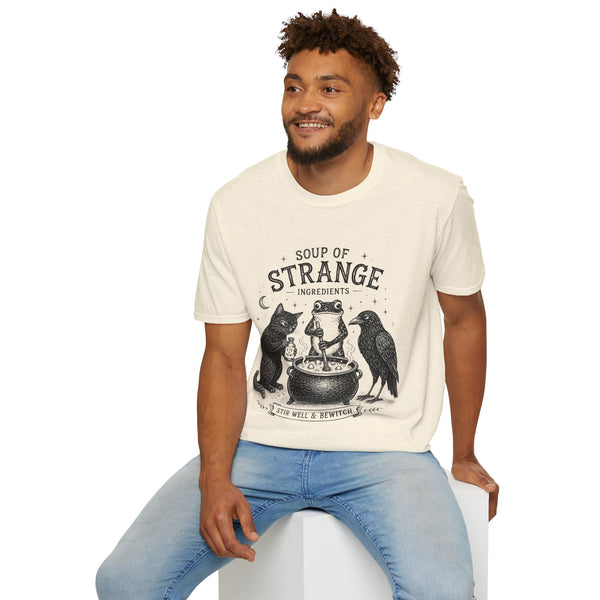 T-Shirt — "Soup of Strange Ingredients" Witchy Frog, Cat & Crow Illustration