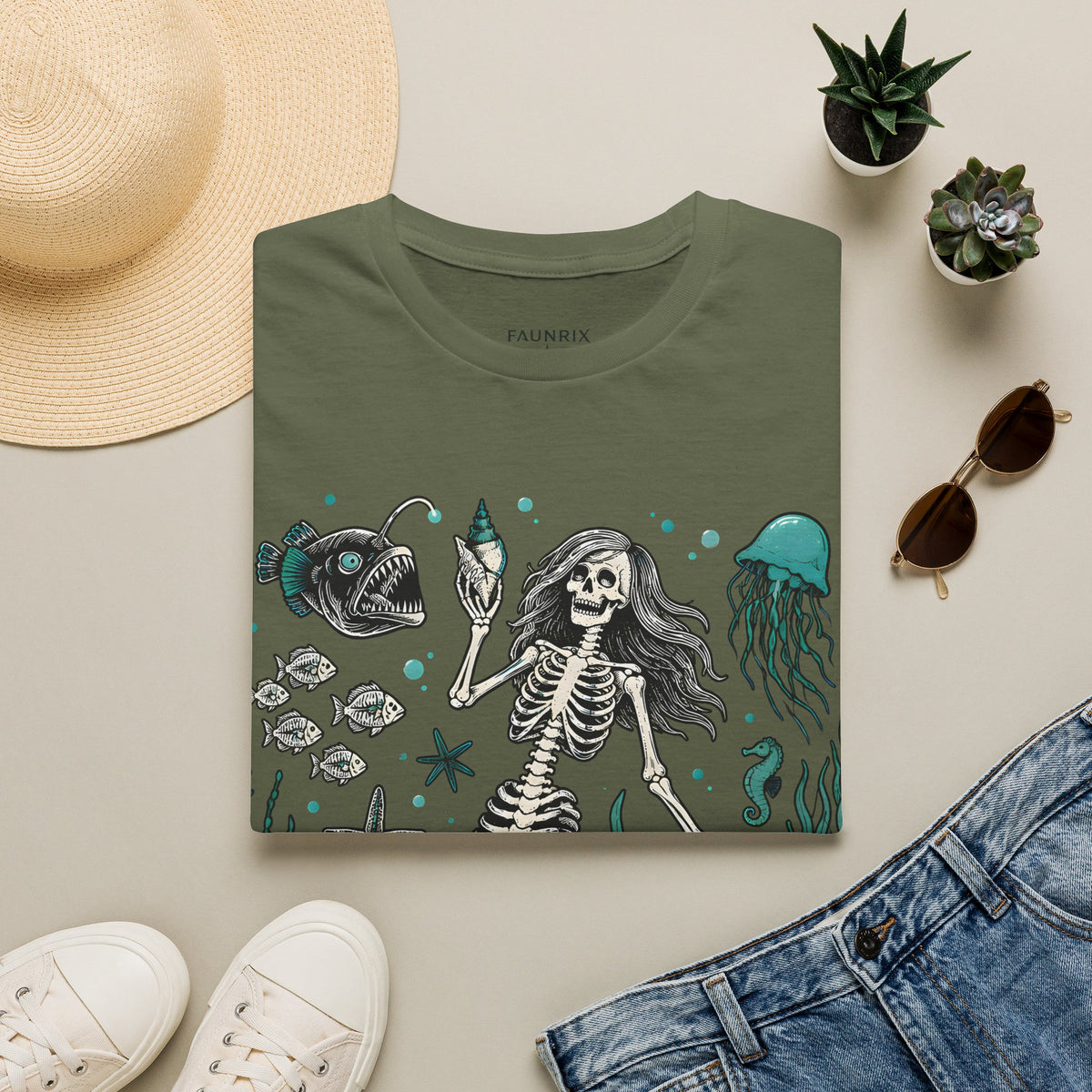 Mermaid Skeleton Tee — Gothic Sea Creature Graphic T-Shirt