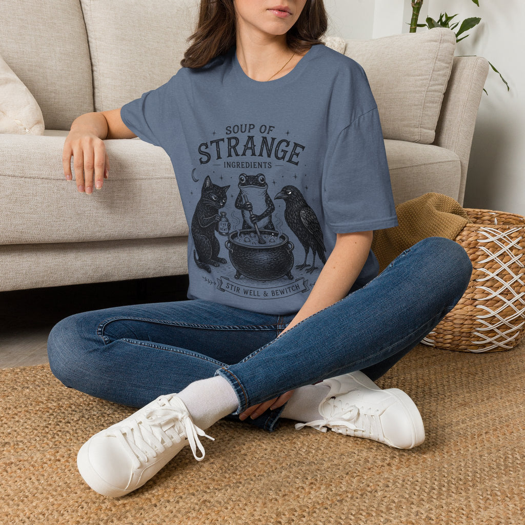 T-Shirt — "Soup of Strange Ingredients" Witchy Frog, Cat & Crow Illustration