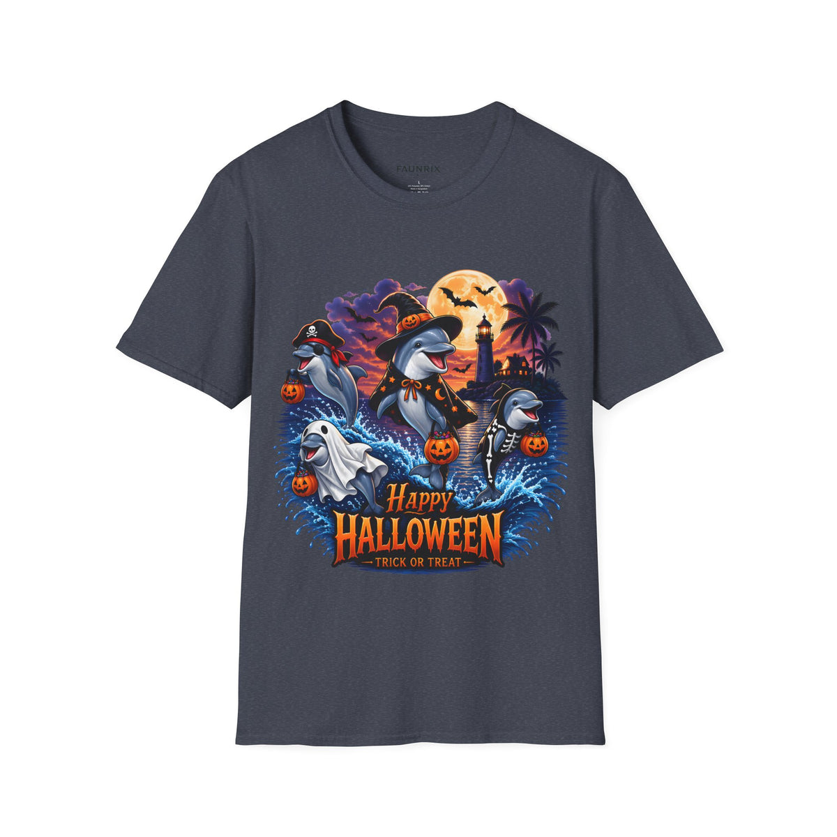 Halloween Dolphin T-Shirt — Cute Spooky Beach Scene with 'Happy Halloween'