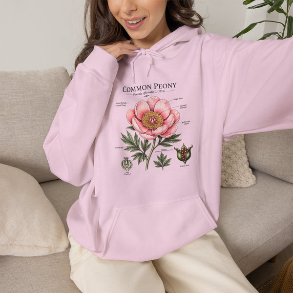 Peony Botanical Hoodie — "Common Peony" Vintage Floral Diagram Sweatshirt