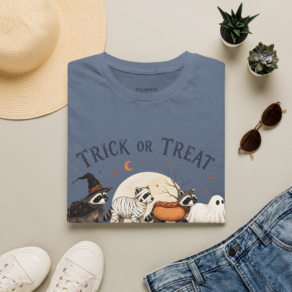Trick or Treat Halloween T-Shirt — Cute Costume Raccoon, Mummy & Ghost Graphic