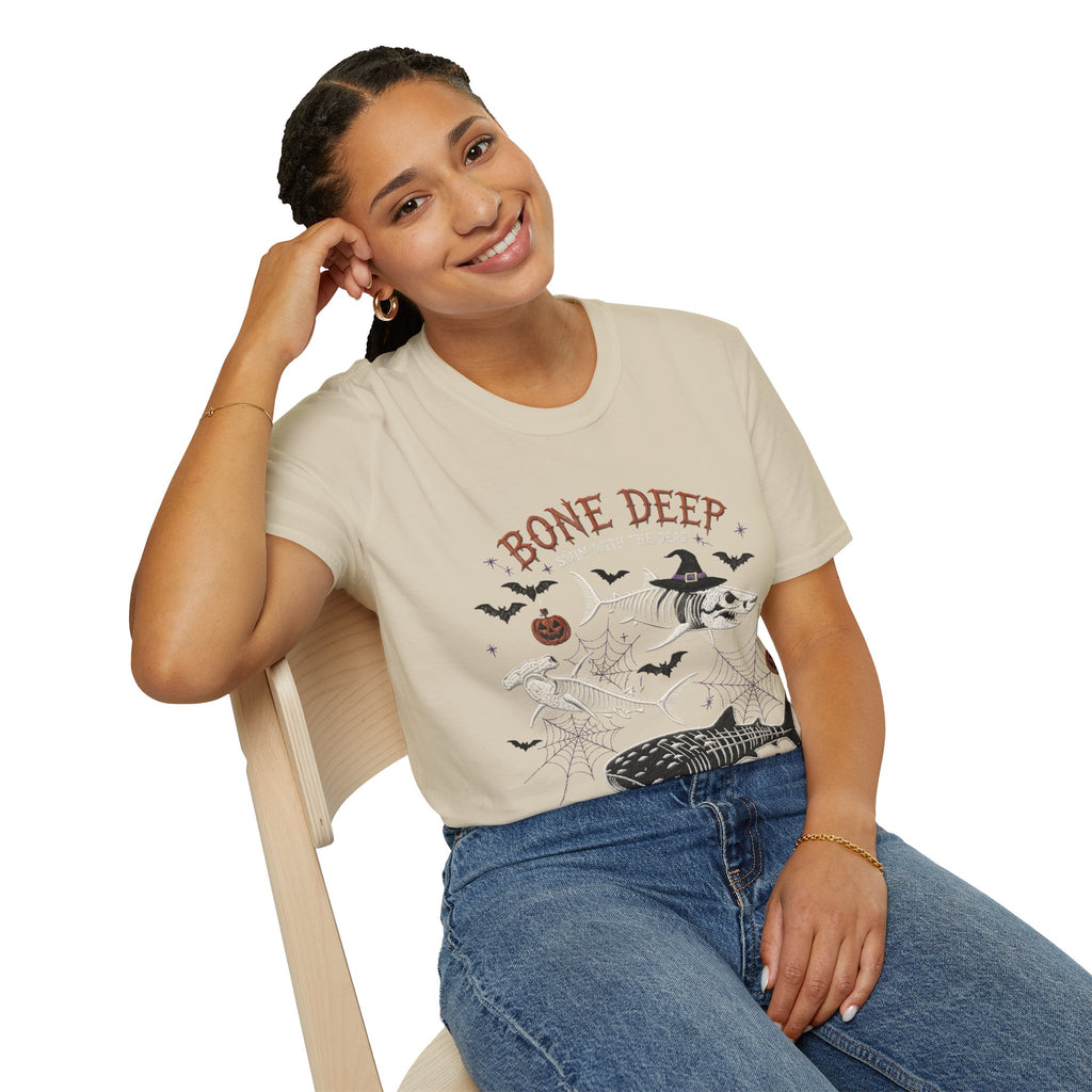 T-Shirt — "Bone Deep" Halloween Fish Skeleton Graphic Tee