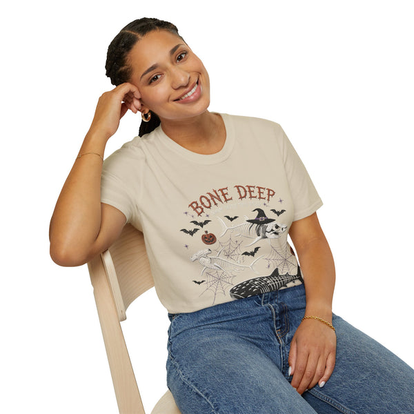 T-Shirt — "Bone Deep" Halloween Fish Skeleton Graphic Tee