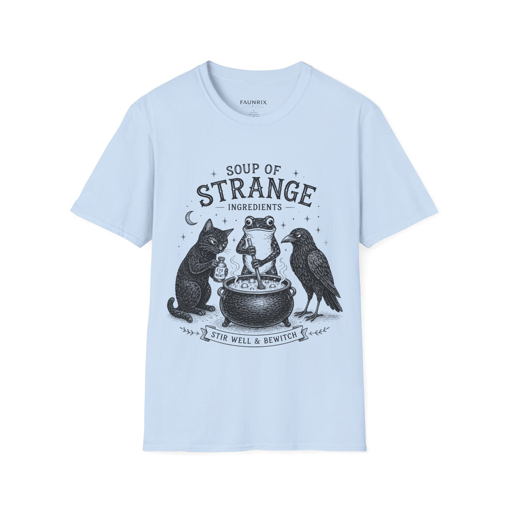 T-Shirt — "Soup of Strange Ingredients" Witchy Frog, Cat & Crow Illustration