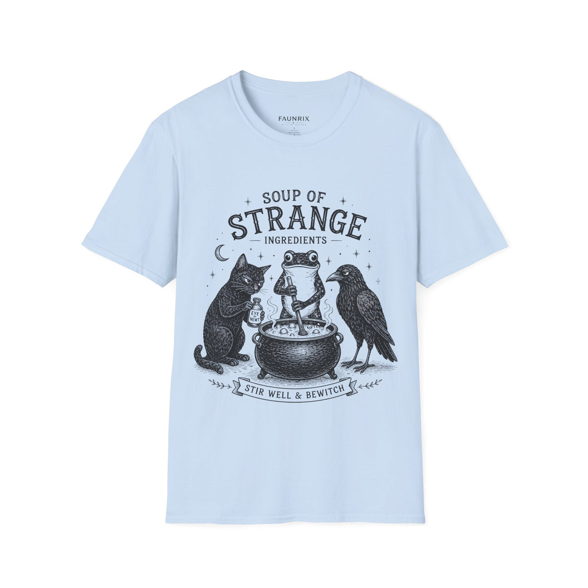 T-Shirt — "Soup of Strange Ingredients" Witchy Frog, Cat & Crow Illustration