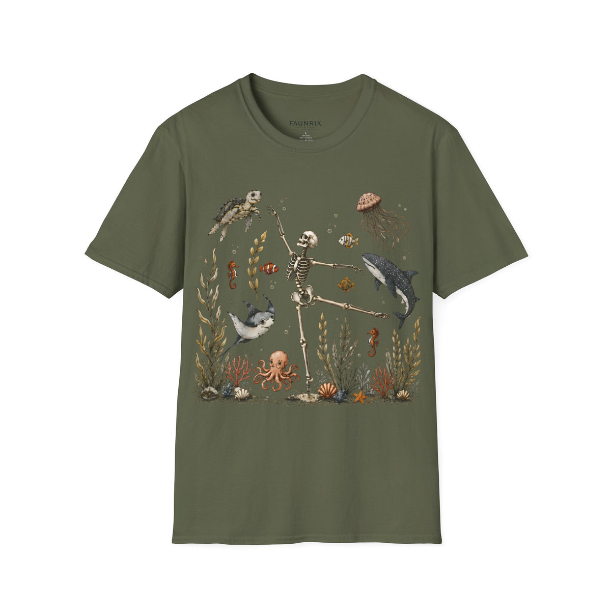 Skeleton & Sea Creatures T-Shirt — Whimsical Underwater Ocean Art Tee