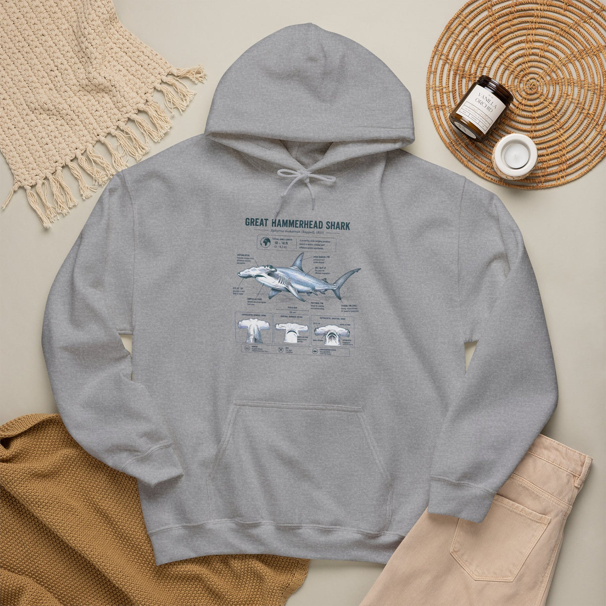 Shark Anatomy Hoodie — Great Hammerhead Shark Diagram Sweatshirt