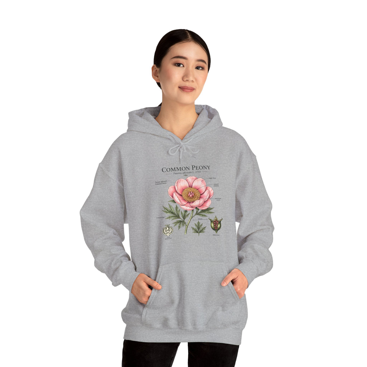 Peony Botanical Hoodie — "Common Peony" Vintage Floral Diagram Sweatshirt