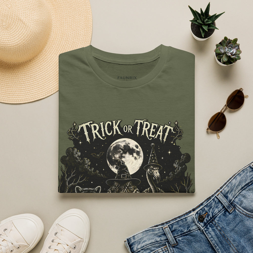 Halloween 'Trick or Treat' T-Shirt — Spooky Moon & Creatures Graphic