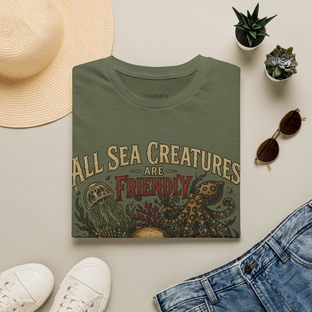 Ocean Creature Graphic T-Shirt — "All Sea Creatures Are Friendly (Some Only Once)" Vintage Skull Octopus Tee