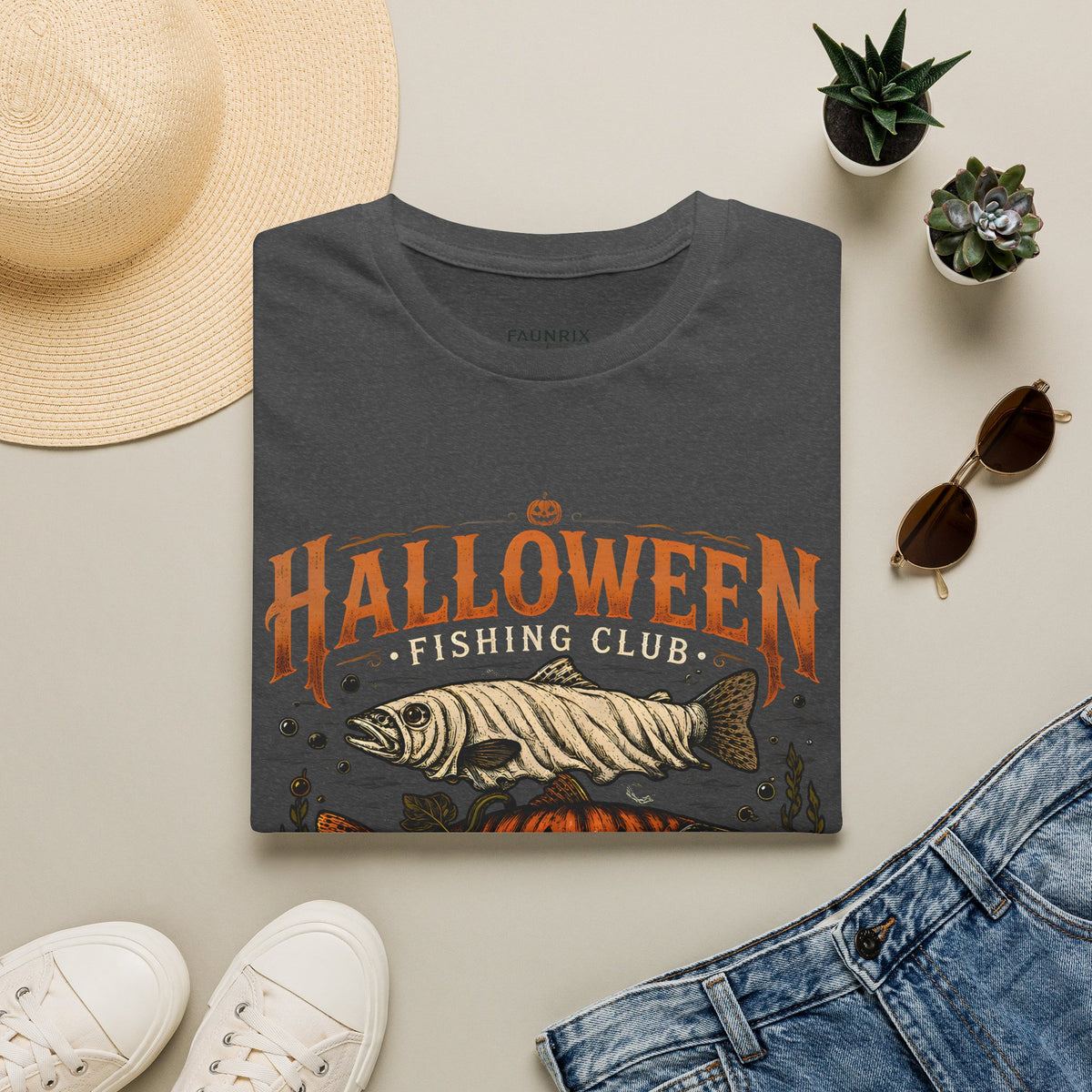 Halloween Trout Graphic T‑Shirt — Spooky Fish Pumpkin Design