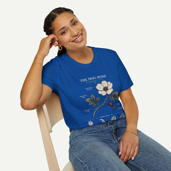 Dog Rose Floral T-Shirt — Botanical Illustration Tee with 'The Dog Rose' Label