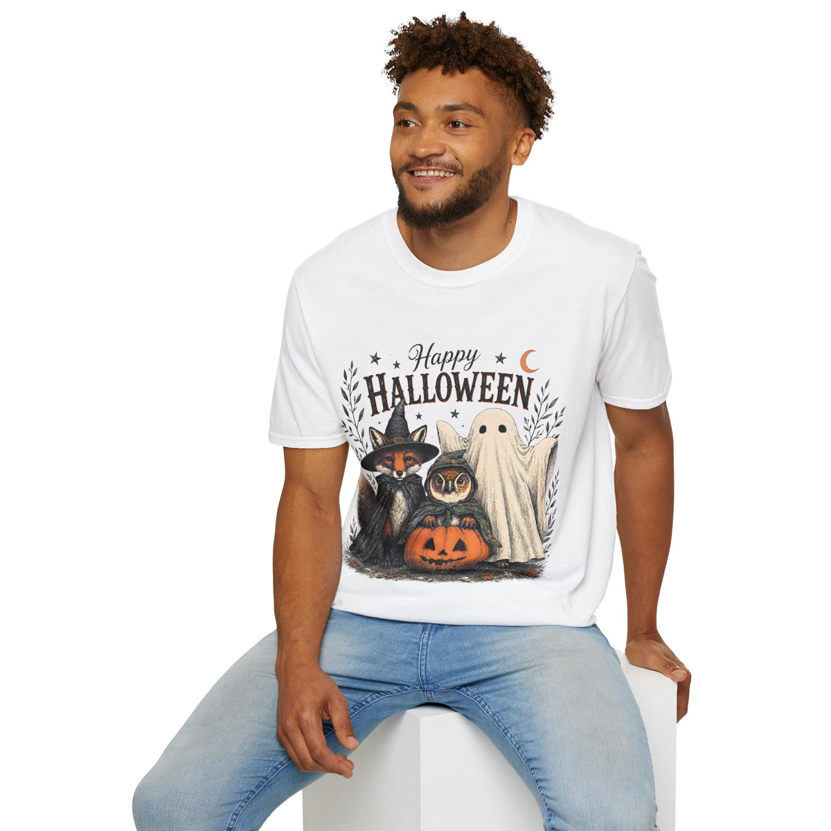 Happy Halloween T-Shirt — Cute Witch Cat & Ghost Pumpkin Graphic Tee