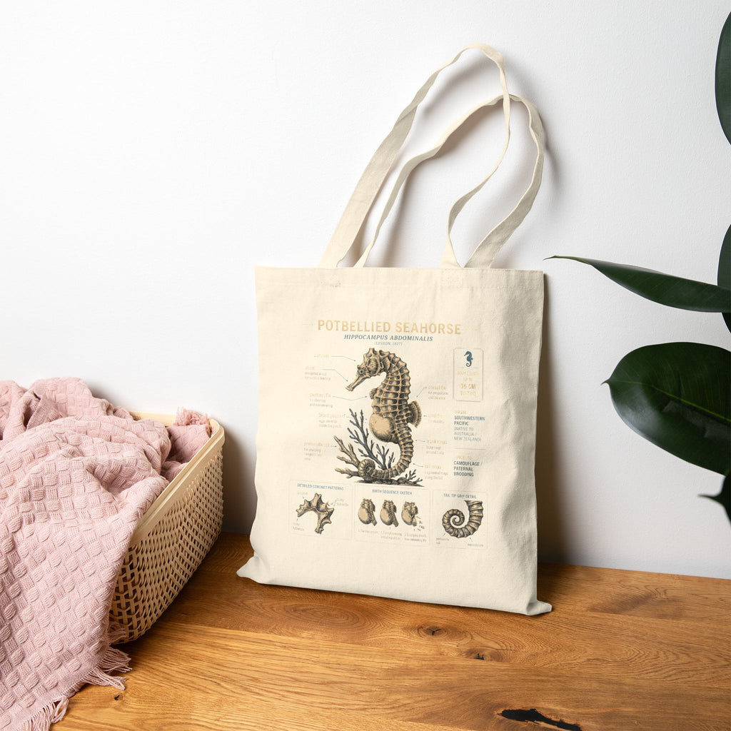 Seahorse Anatomy Canvas Tote Bag – Vintage Marine Biology Illustration Tote