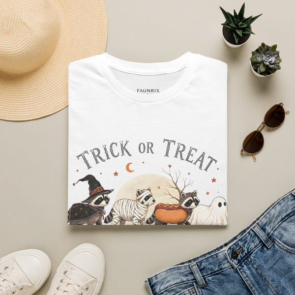 Trick or Treat Halloween T-Shirt — Cute Costume Raccoon, Mummy & Ghost Graphic