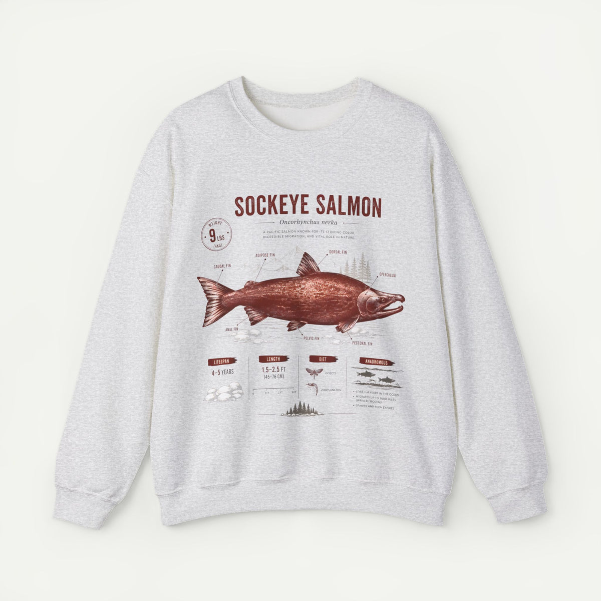 Sockeye Salmon Anatomy Sweatshirt — Vintage Fish Illustration Tee for Anglers & Nature Lovers