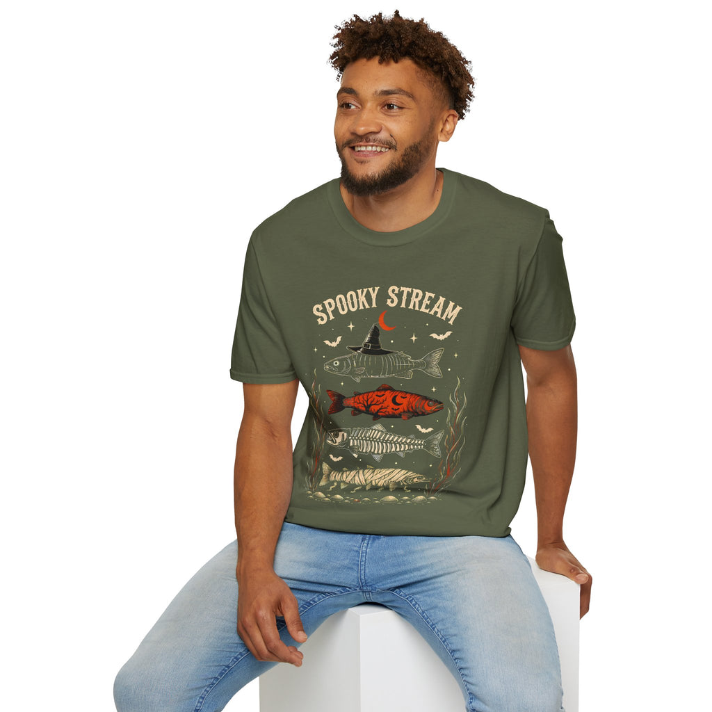Spooky Stream T-Shirt — Halloween Fish Skeleton Graphic Tee