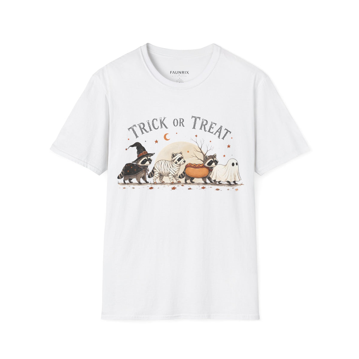 Trick or Treat Halloween T-Shirt — Cute Costume Raccoon, Mummy & Ghost Graphic