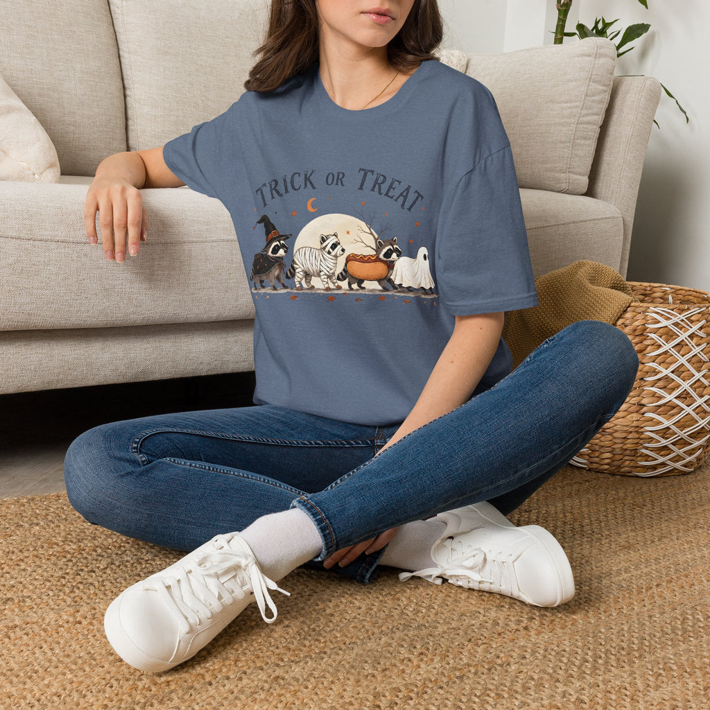 Trick or Treat Halloween T-Shirt — Cute Costume Raccoon, Mummy & Ghost Graphic