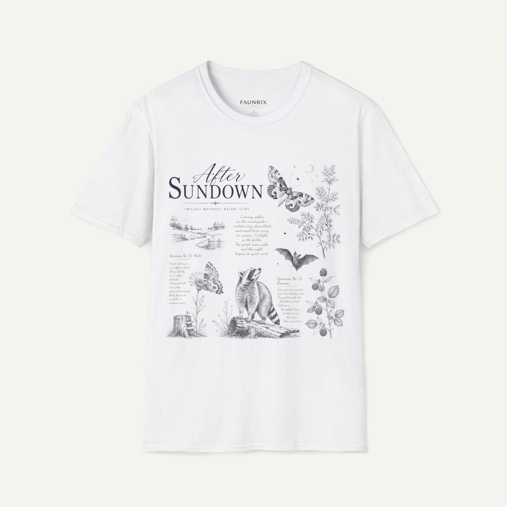 After Sundown T-Shirt — Vintage Nightscape Tee with Butterfly & Nature Illustrations