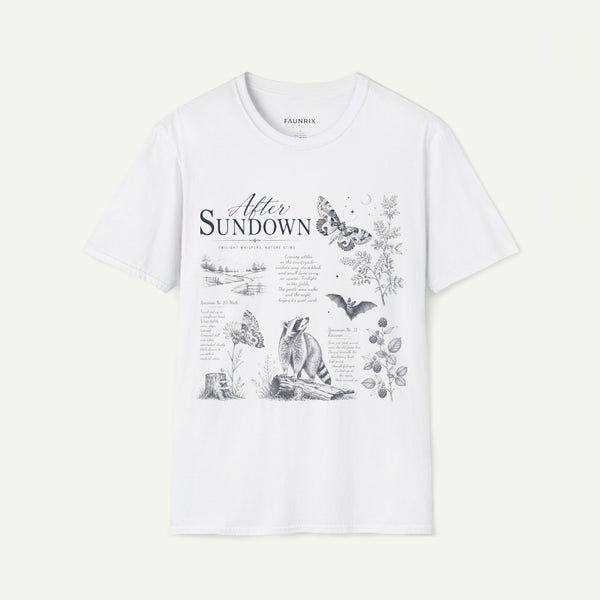After Sundown T-Shirt — Vintage Nightscape Tee with Butterfly & Nature Illustrations
