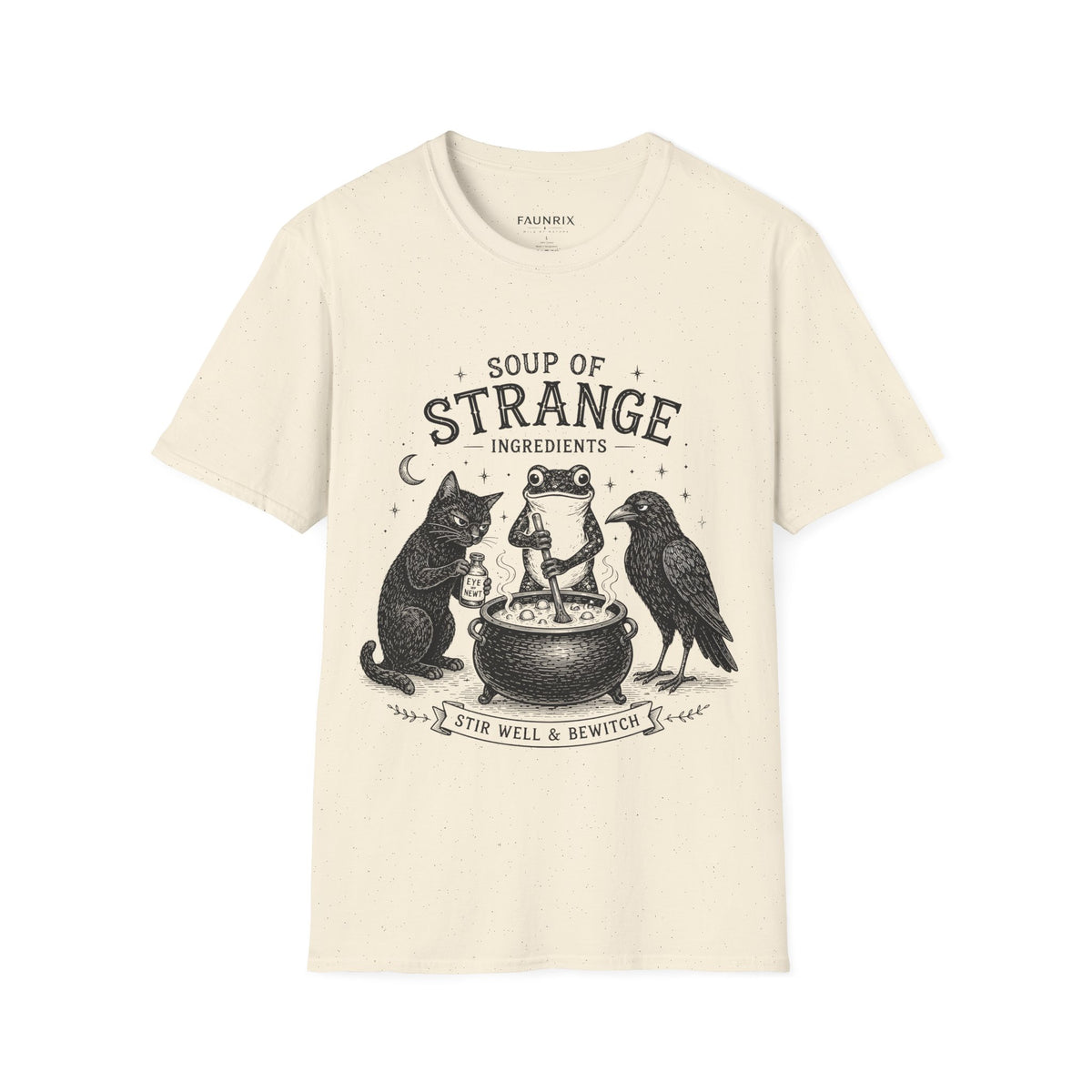 T-Shirt — "Soup of Strange Ingredients" Witchy Frog, Cat & Crow Illustration Main image