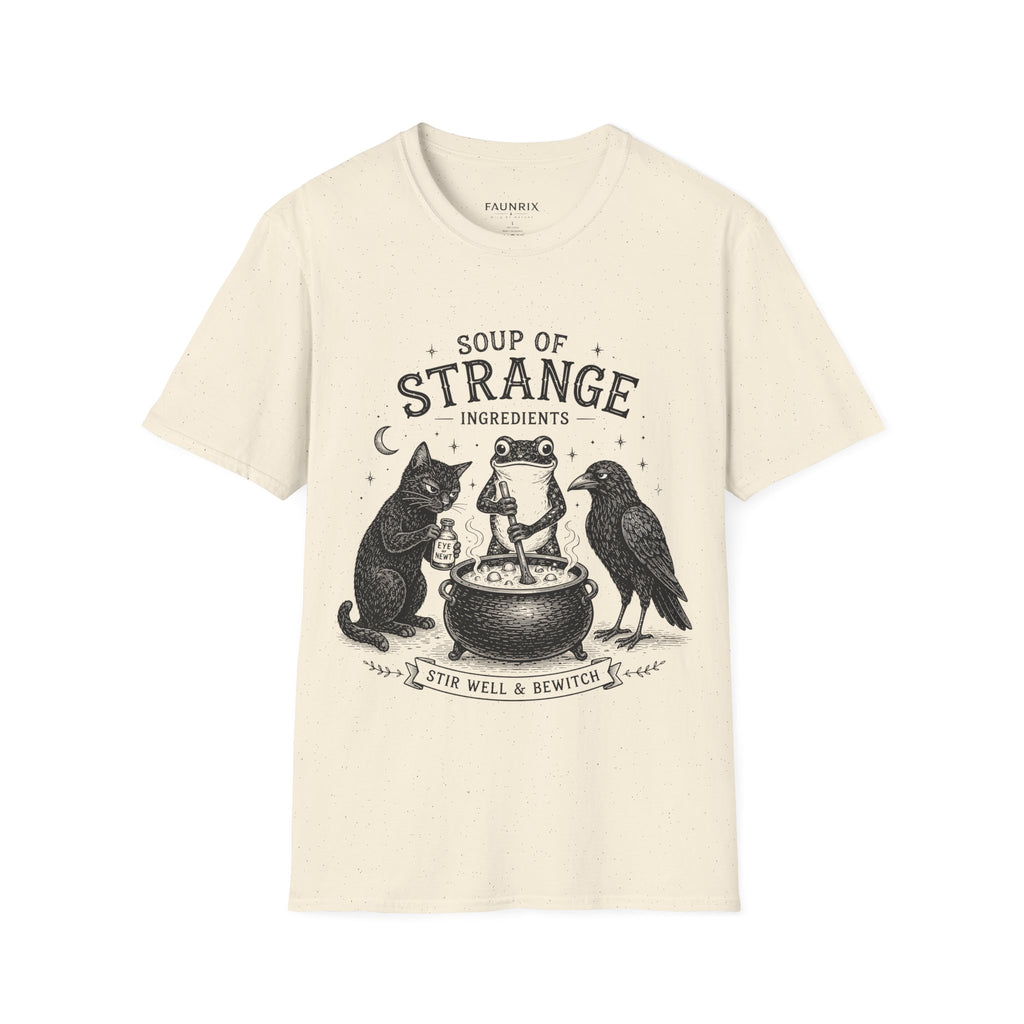 T-Shirt — "Soup of Strange Ingredients" Witchy Frog, Cat & Crow Illustration