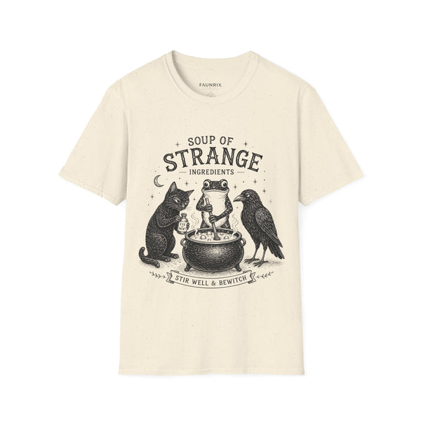 T-Shirt — "Soup of Strange Ingredients" Witchy Frog, Cat & Crow Illustration