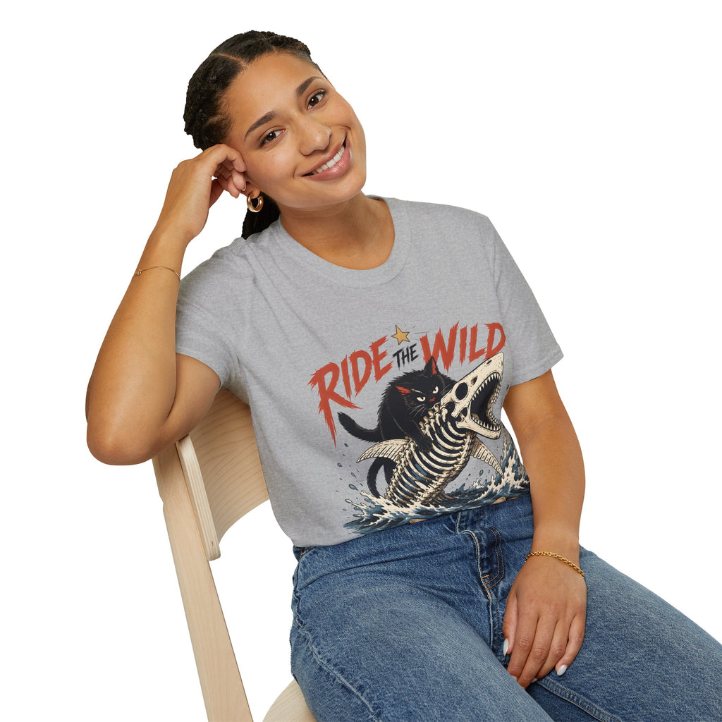 Ride the Wild T-Shirt — Cat Riding Dinosaur Skull Graphic Tee
