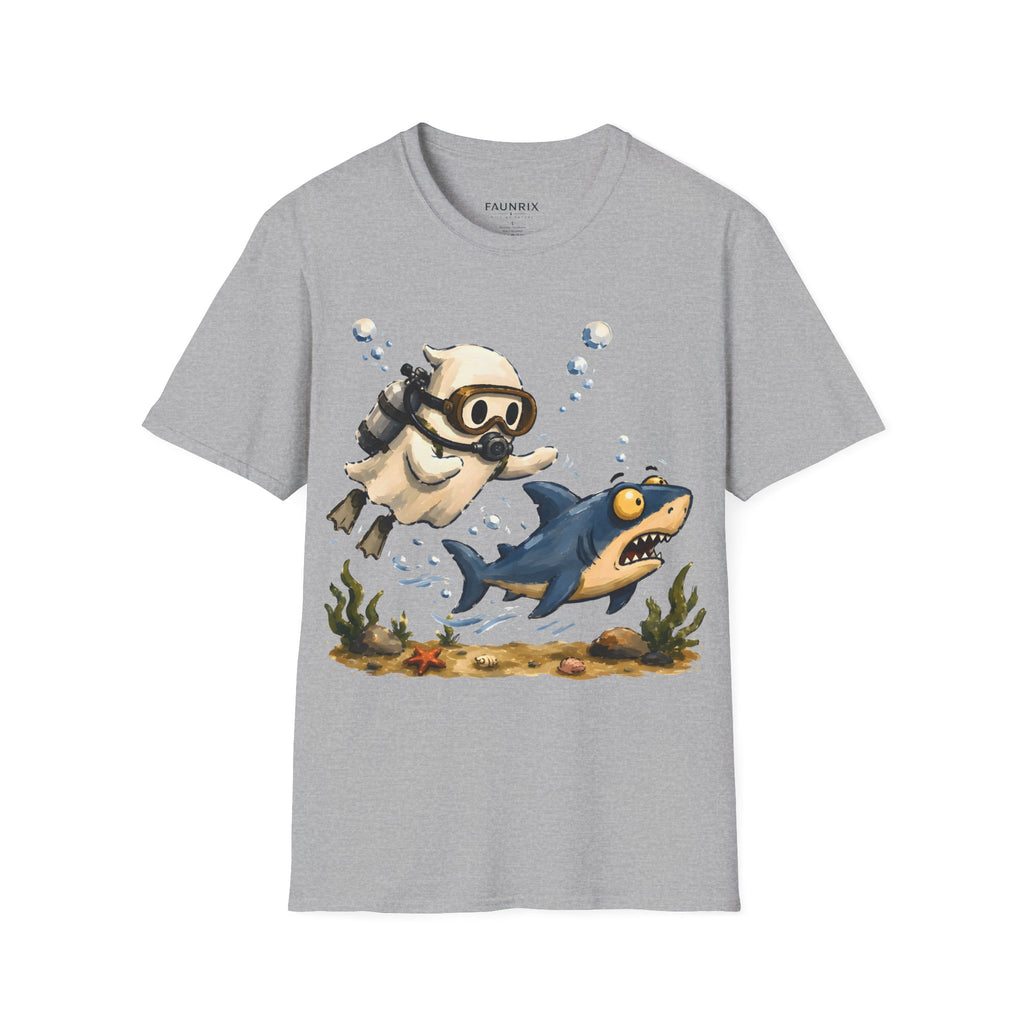 Dive Buddy T‑Shirt — Cute Scuba Pug Chasing Shark Illustration
