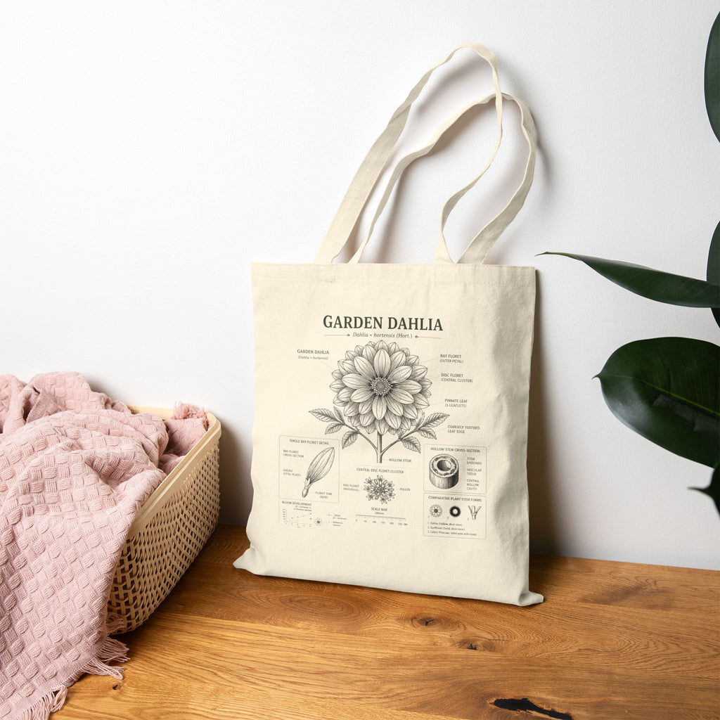 Dahlia Botanical Tote Bag — Garden Illustration Cotton Canvas Market Bag