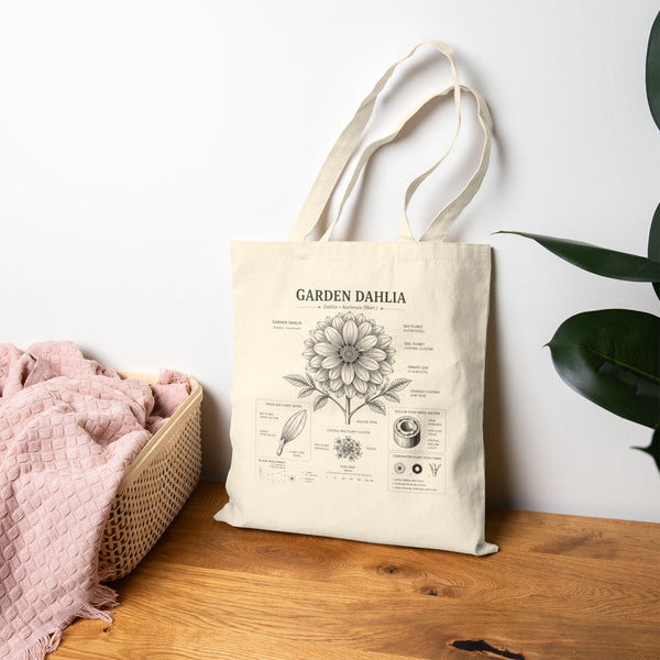 Dahlia Botanical Tote Bag — Garden Illustration Cotton Canvas Market Bag