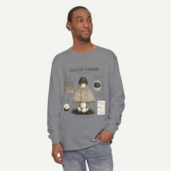 Veiled Lady Stinkhorn Mushroom Long Sleeve Tee — Botanical Fungi Illustration