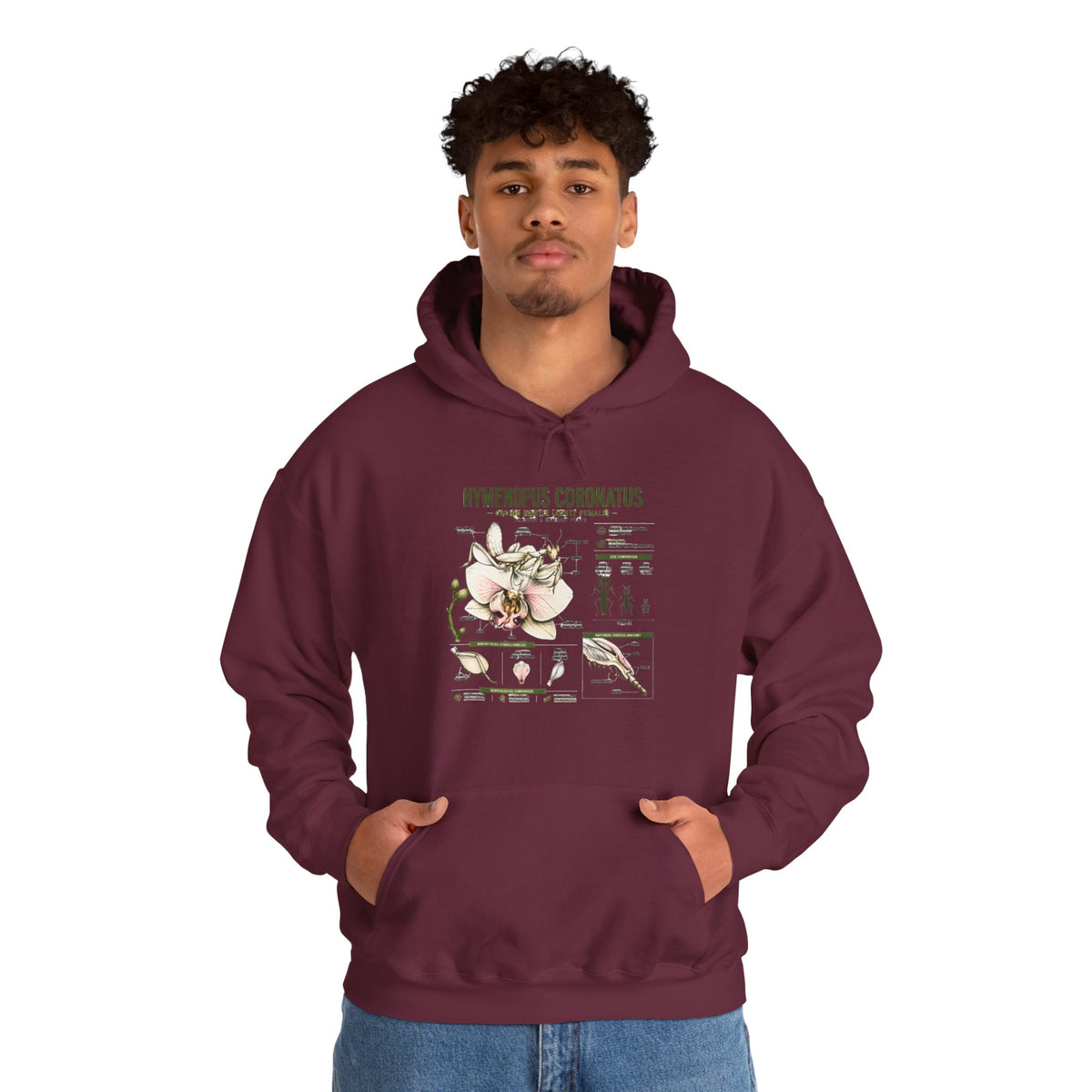 Botanical Hooded Sweatshirt — Hymenopus Coronatus Praying Mantis Illustration