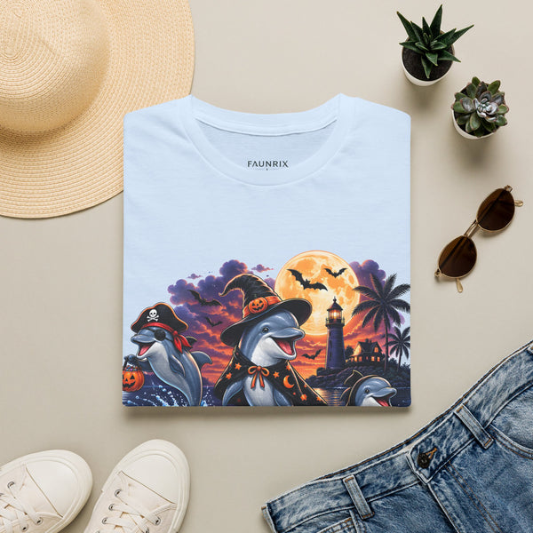 Halloween Dolphin T-Shirt — Cute Spooky Beach Scene with 'Happy Halloween'