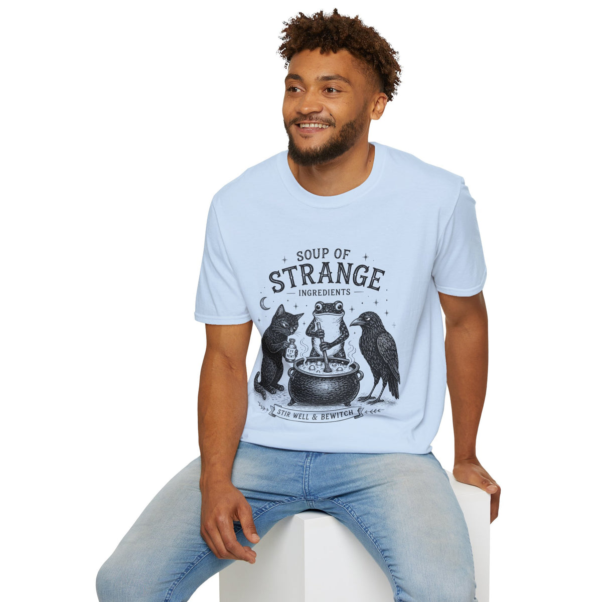 T-Shirt — "Soup of Strange Ingredients" Witchy Frog, Cat & Crow Illustration