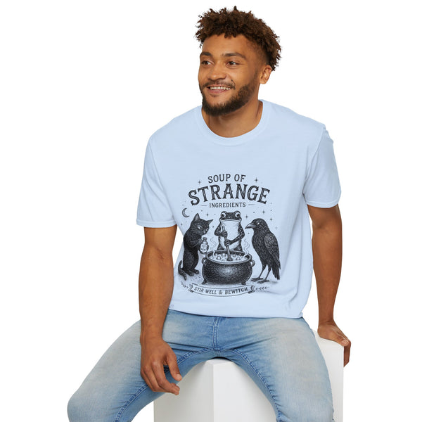 T-Shirt — "Soup of Strange Ingredients" Witchy Frog, Cat & Crow Illustration