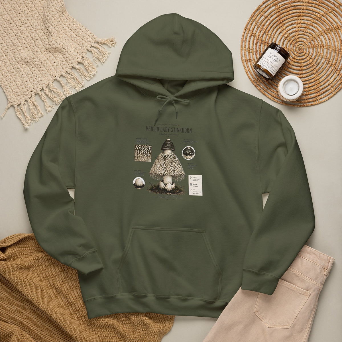 Mushroom Guide Hoodie — Velvet-Lady Stropharia Fungi Illustration Sweatshirt
